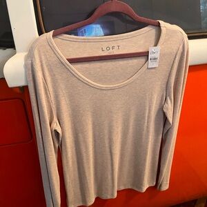 LOFT Cream Long Sleeve Scoop Neck Fitted T-Shirt